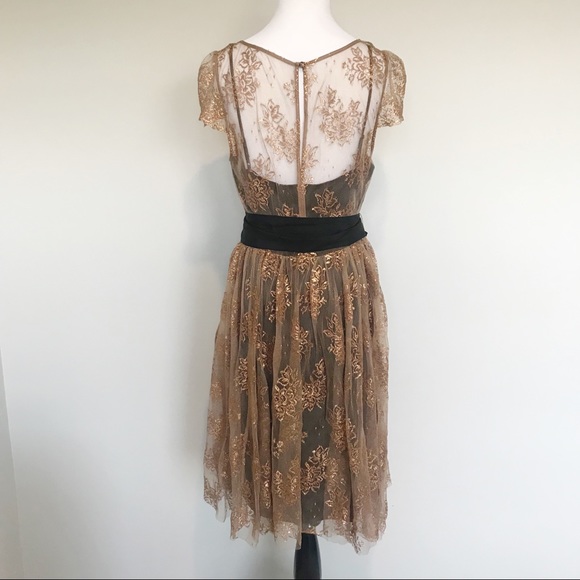 Anthro Moulinette Soeurs Gold Lace Overlay Dress - Picture 5 of 8